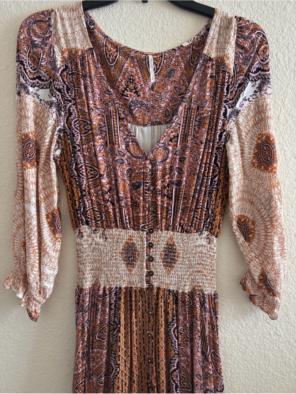Free People Rust Paisley Smocked-Waist Maxi Dress